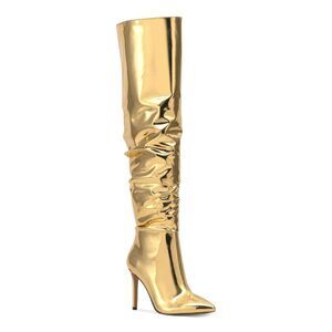 NWT INC Womens Gold Slouch Iyonna Pointed Toe Stiletto Zip-Up Dress Boots 6 M